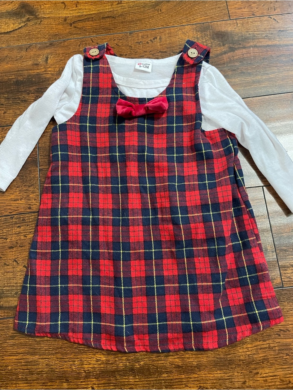 Red & Navy Plaid Pinafore Dress with Bow and Long Sleeve Shirt